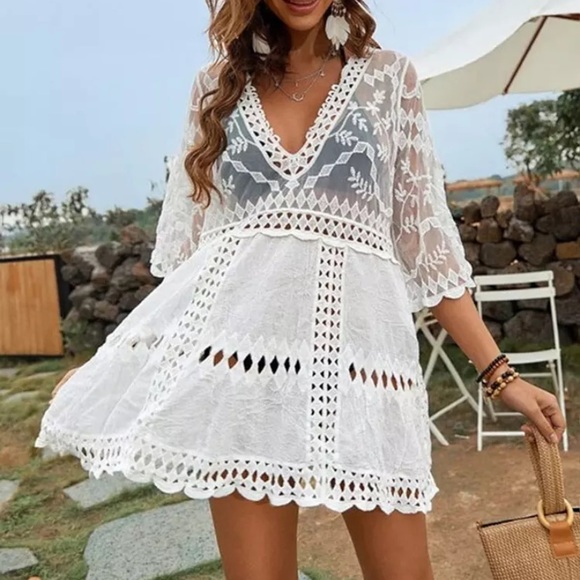 White Sheer Mesh Boho Embroidered Coverup Blouse Top - Picture 3 of 6